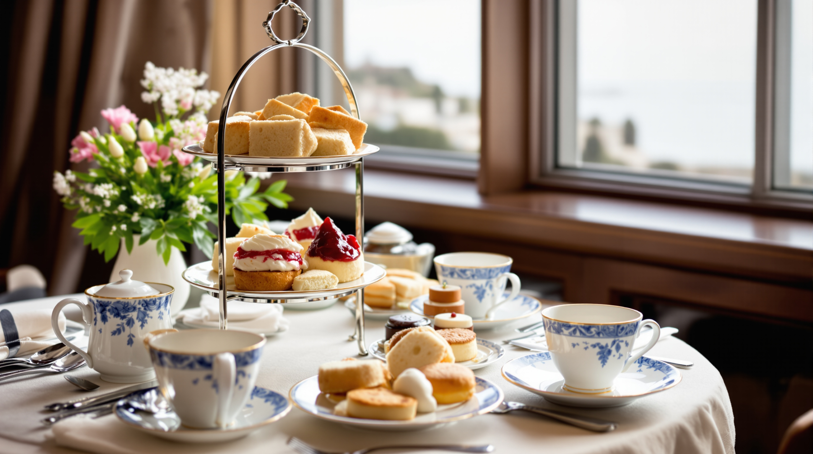 Afternoon tea with scones and clotted cream served beside a window overlooking the sea
