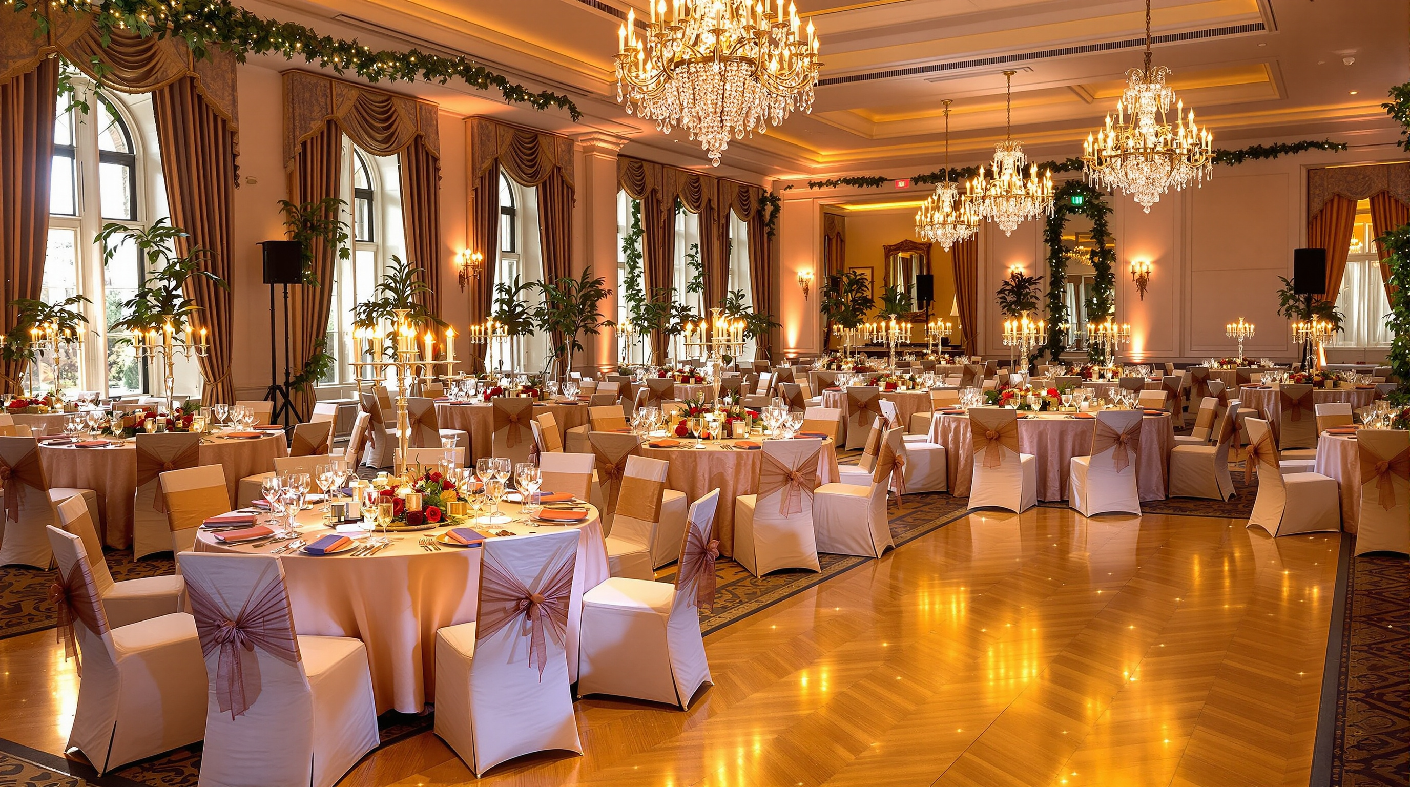 Hotel ballroom dressed for a festive gala dinner with chandeliers and candlelit tables