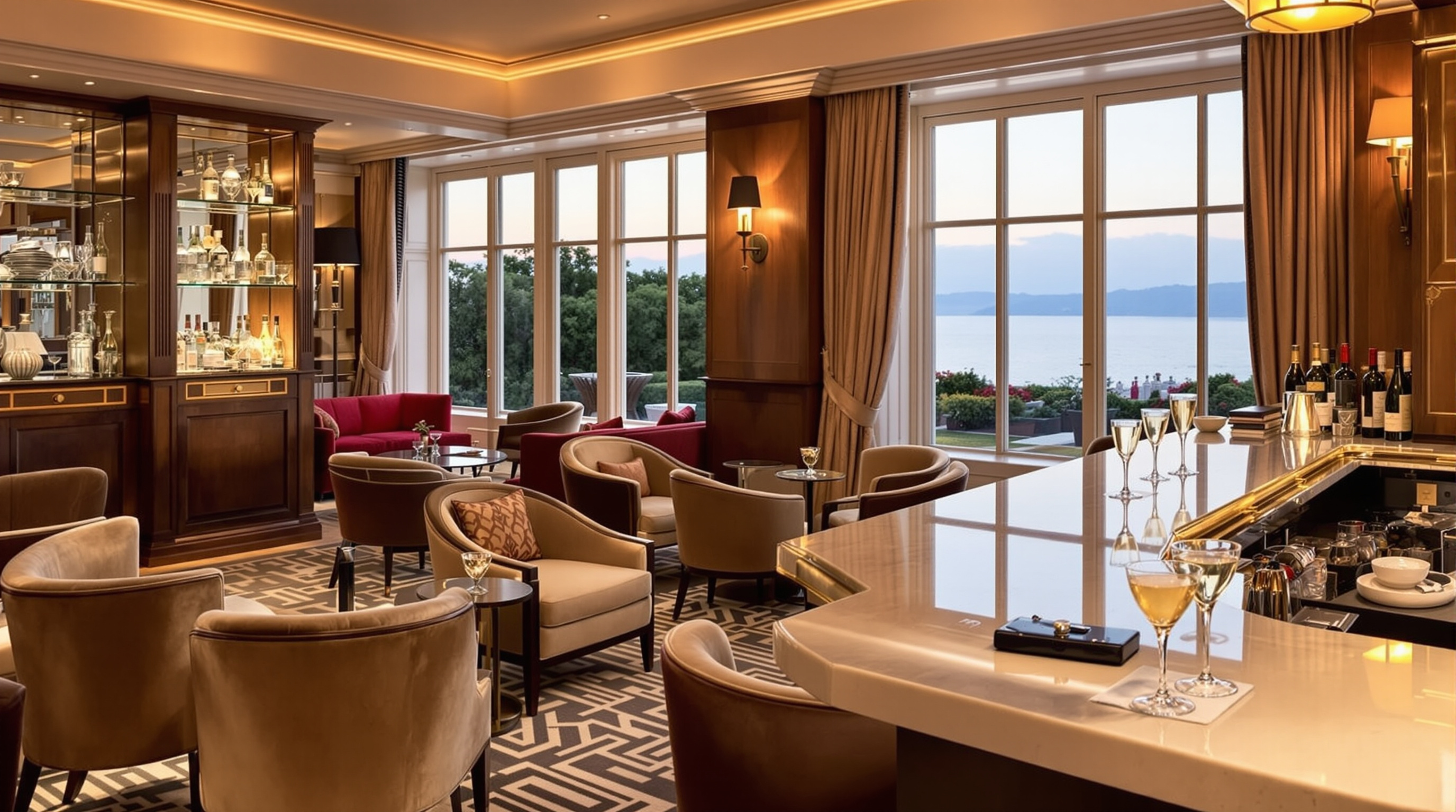Designer boutique hotel bar lounge with cocktails and conservatory sea views