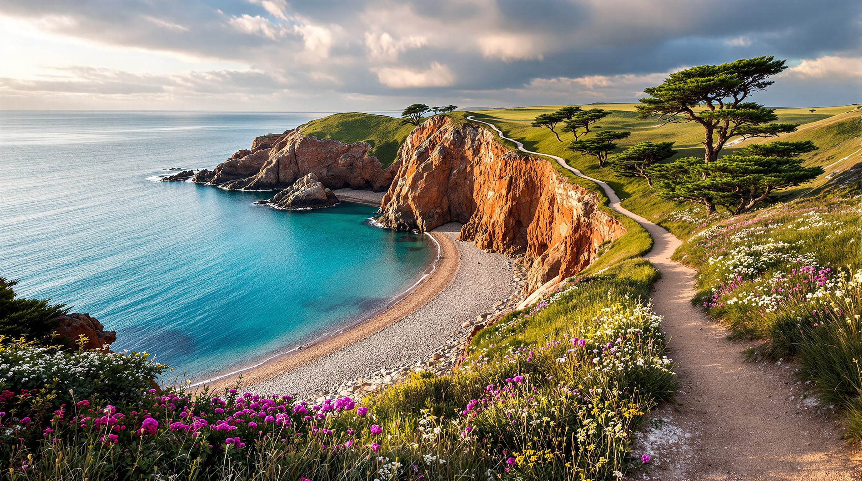 South West Coast Path winding along cliffs above a turquoise cove in South Devon