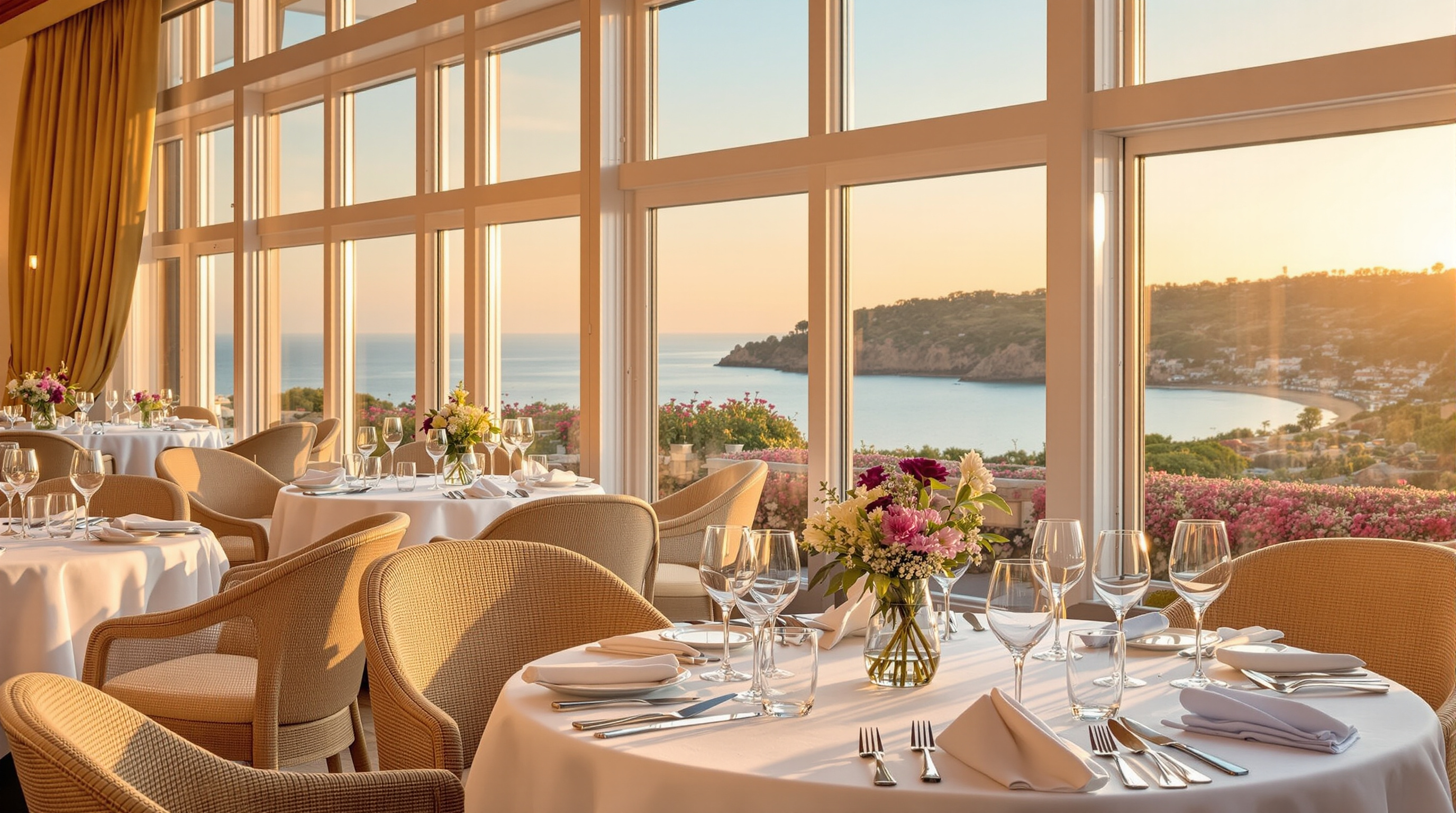 Elegant hotel dining room with white linen tables and large windows over the bay