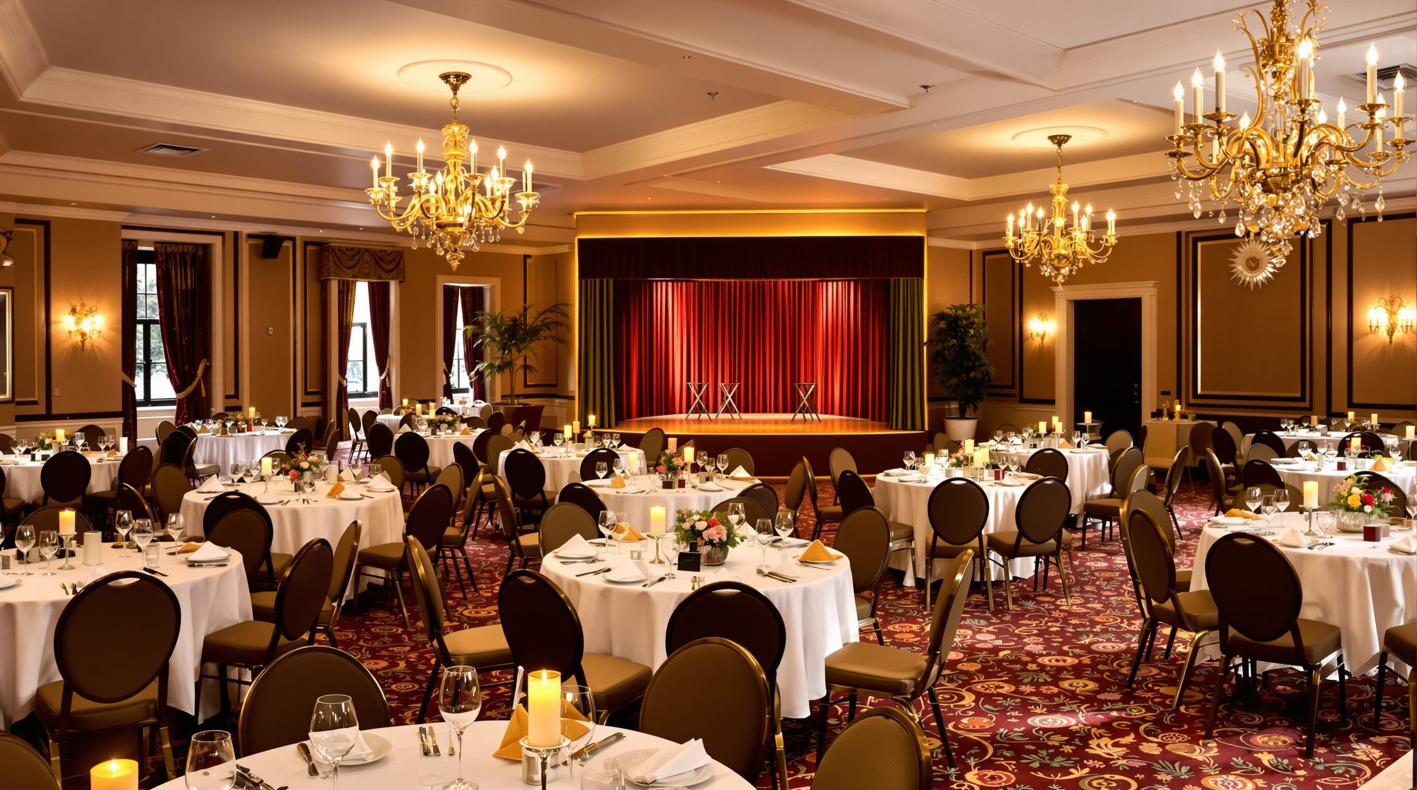Hotel dining room set for a comedy dinner show with stage and red velvet curtains