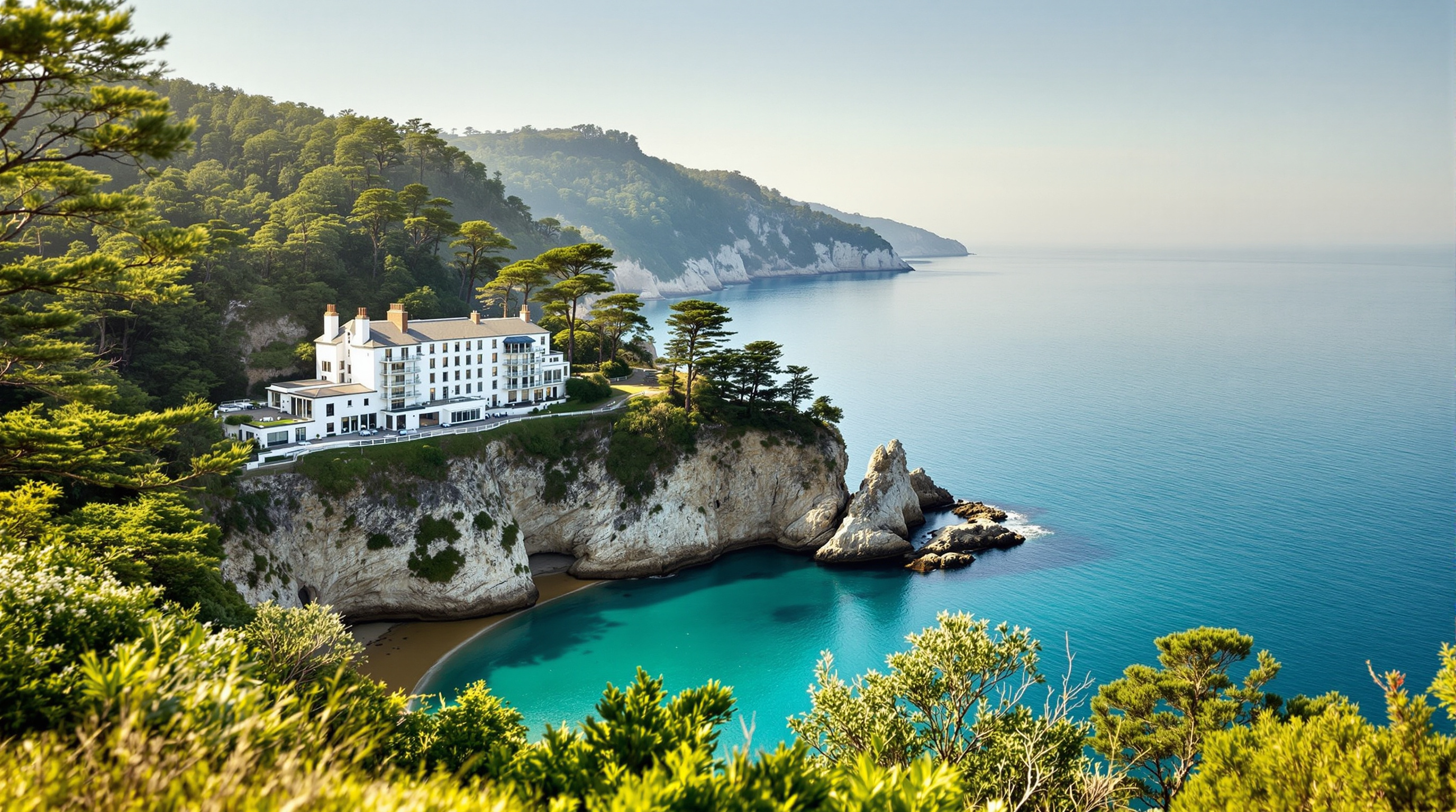 White seaside hotel on a wooded hillside above a turquoise cove on the English Riviera