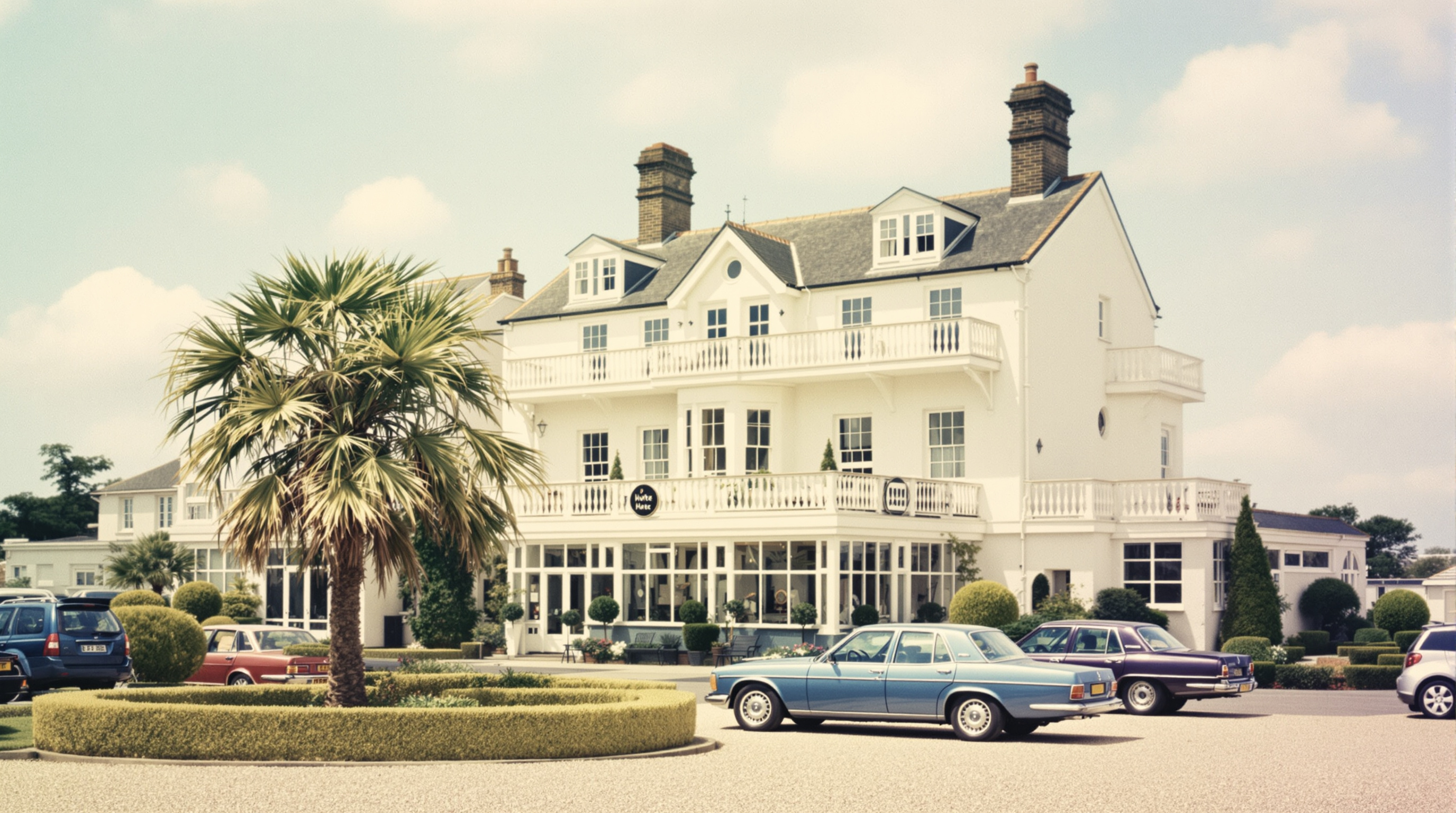 Vintage 1970s-style white seaside hotel exterior with palm tree and period cars