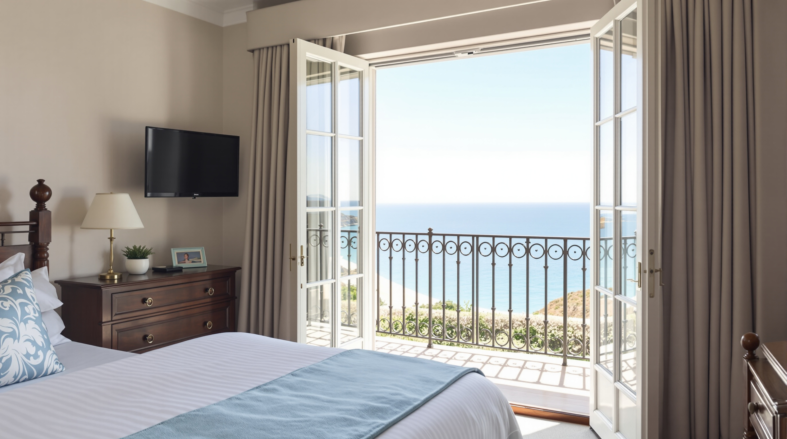 Seaside hotel bedroom with balcony doors open to a panoramic view of Lyme Bay