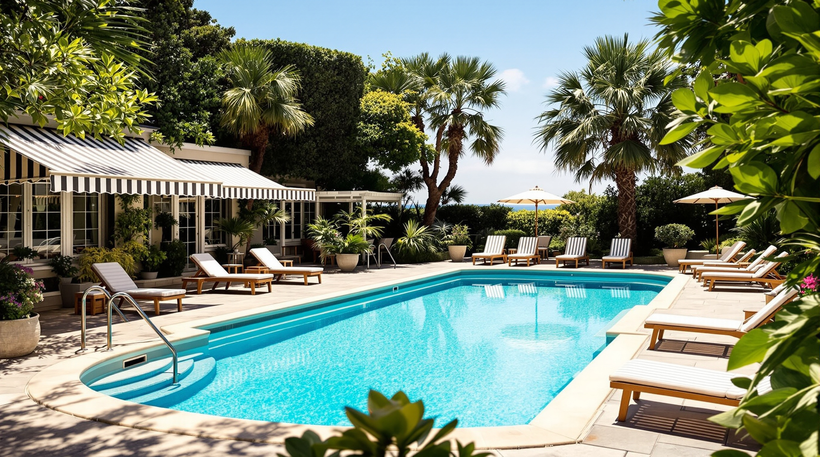 Heated outdoor hotel pool with loungers, striped awnings and subtropical gardens