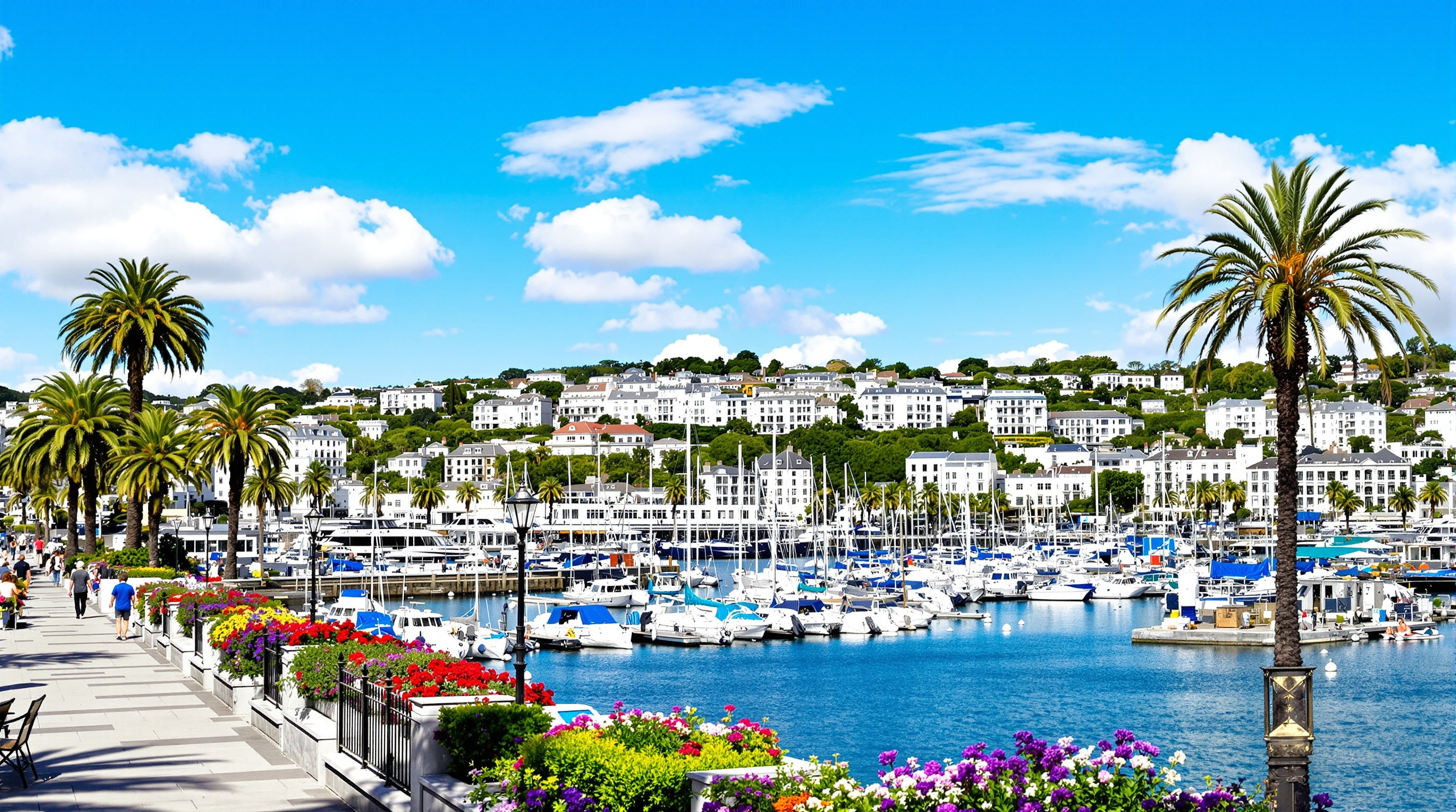 Palm-lined promenade and marina at Torquay with white villas on the hills behind
