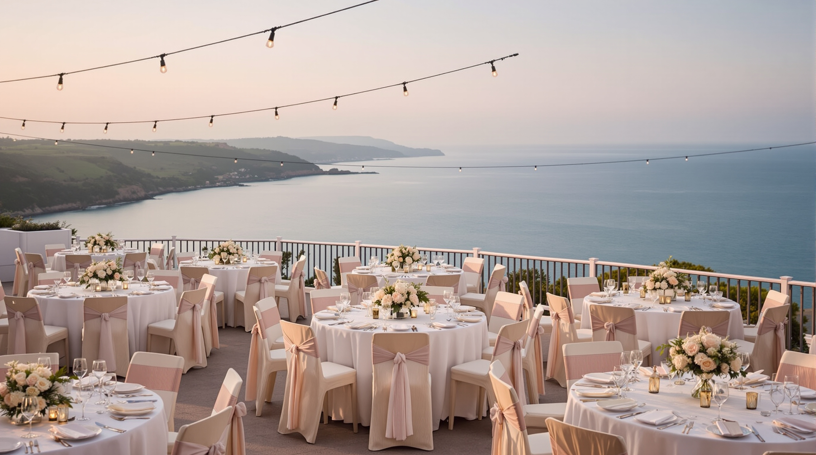 Wedding reception tables on a clifftop terrace overlooking the sea at golden hour